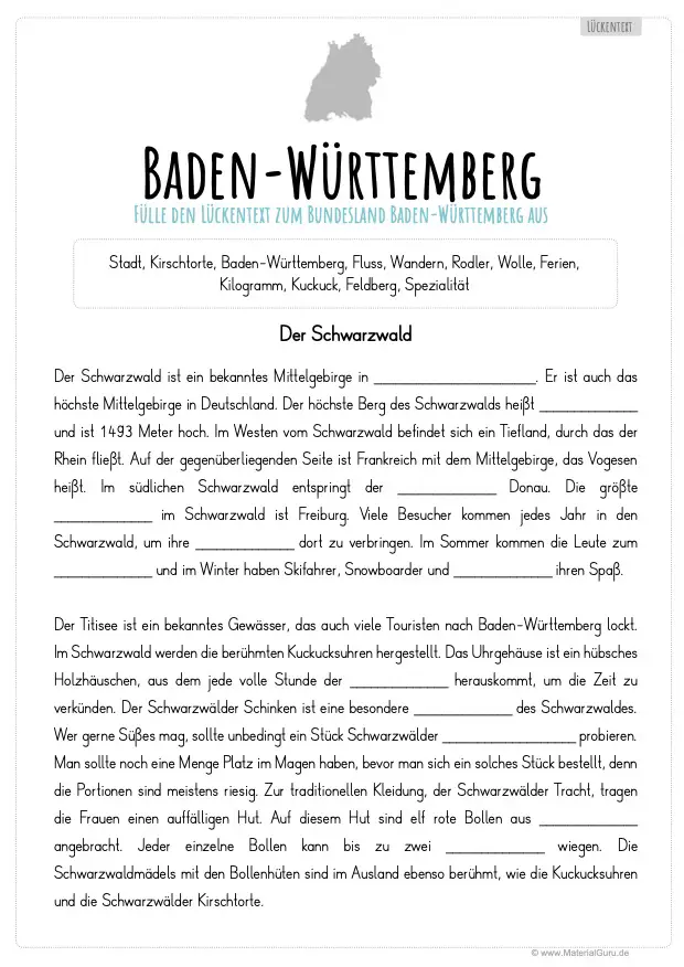 Arbeitsblatt: Lückentext zu Baden-Württemberg