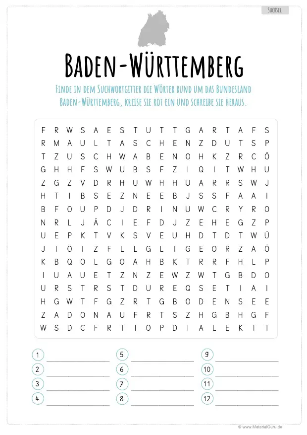 Arbeitsblatt: Suchsel Baden-Württemberg