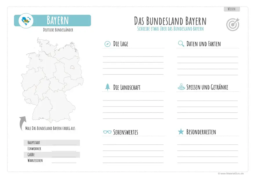 Arbeitsblatt: Informationen zum Bundesland Bayern aufschreiben