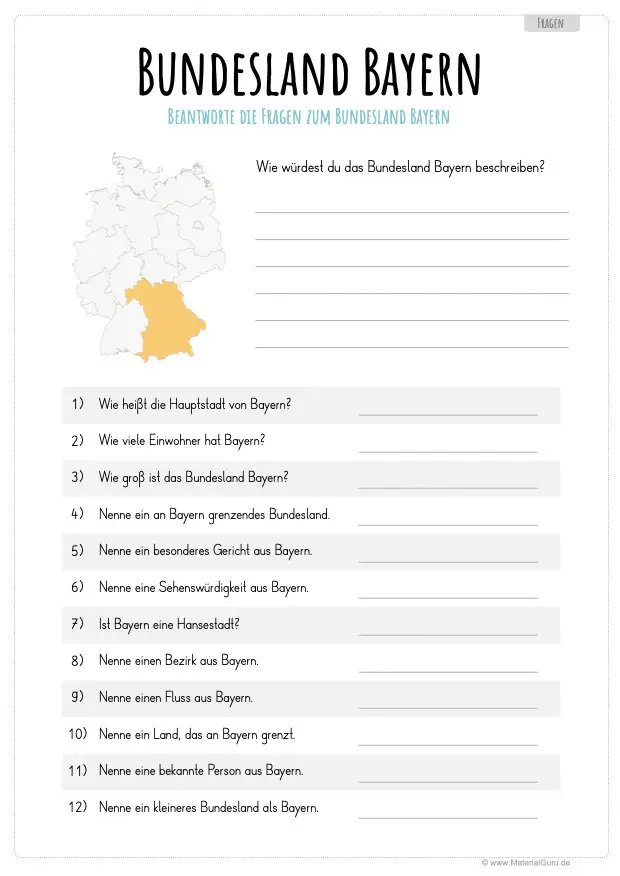 Arbeitsblatt: 12 Fragen zum Bundesland Bayern