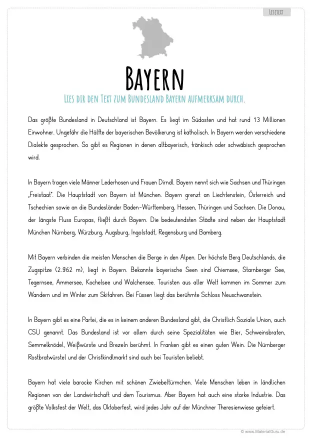Arbeitsblatt: Lesetext über Bayern