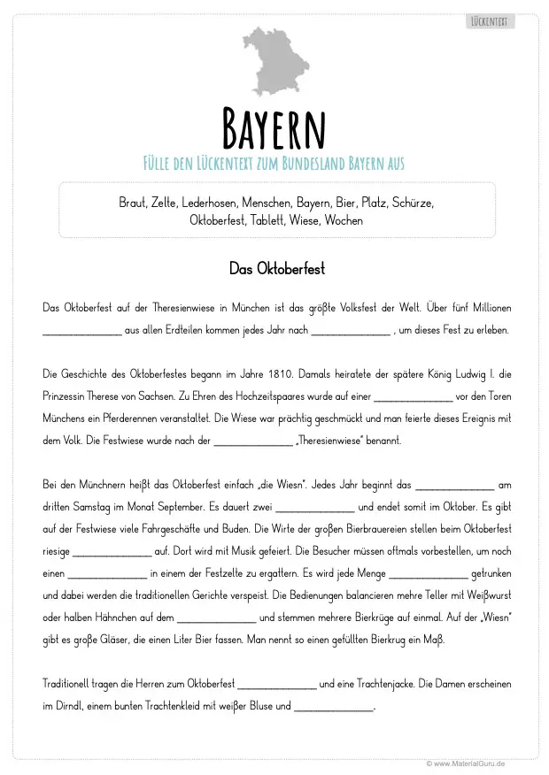 Arbeitsblatt: Lückentext Bayern (das Oktoberfest)