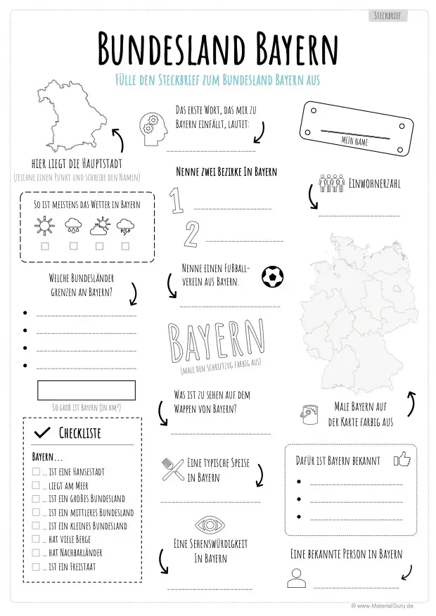 Arbeitsblatt: Steckbrief zu Bayern (schwarz-weiß)