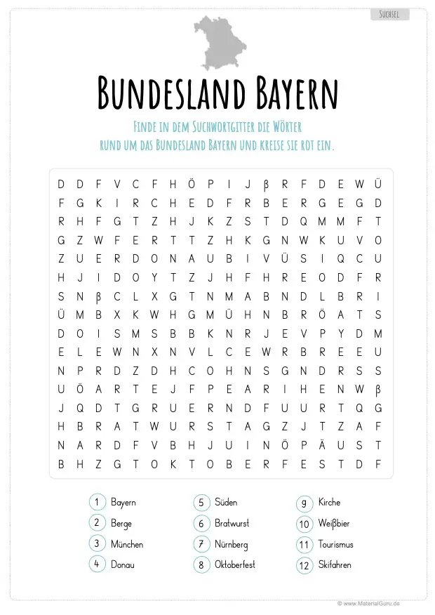 Arbeitsblatt: Suchsel zum Bundesland Bayern