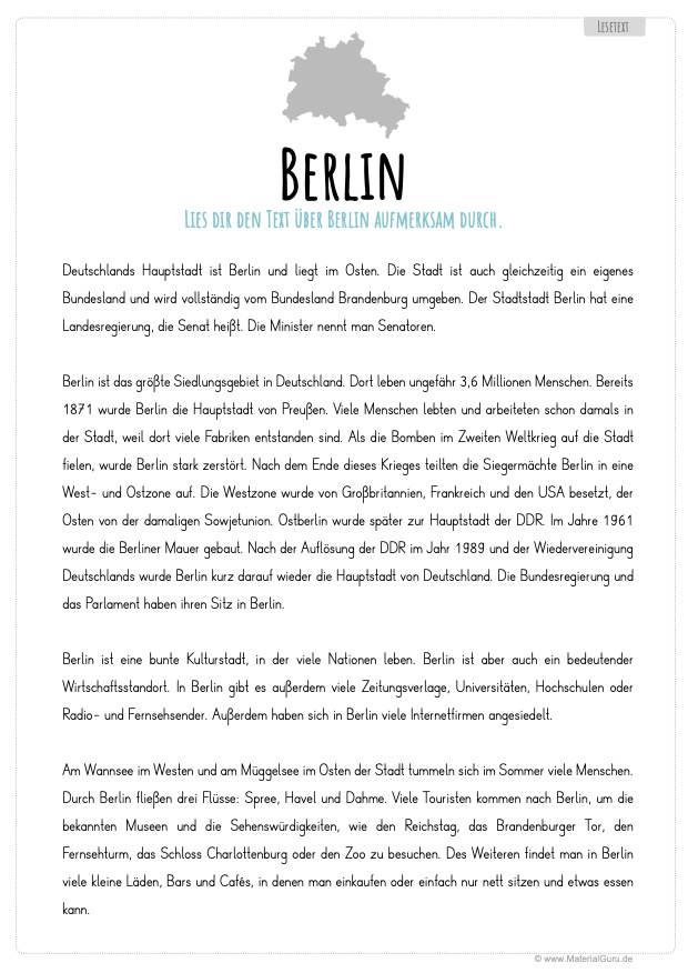 Arbeitsblatt: Lesetext über Berlin