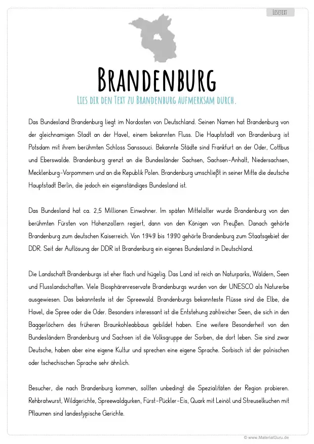 Arbeitsblatt: Lesetext Brandenburg