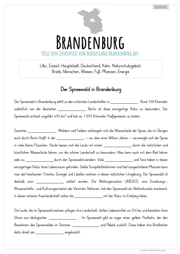 Arbeitsblatt: Lückentext Brandenburg