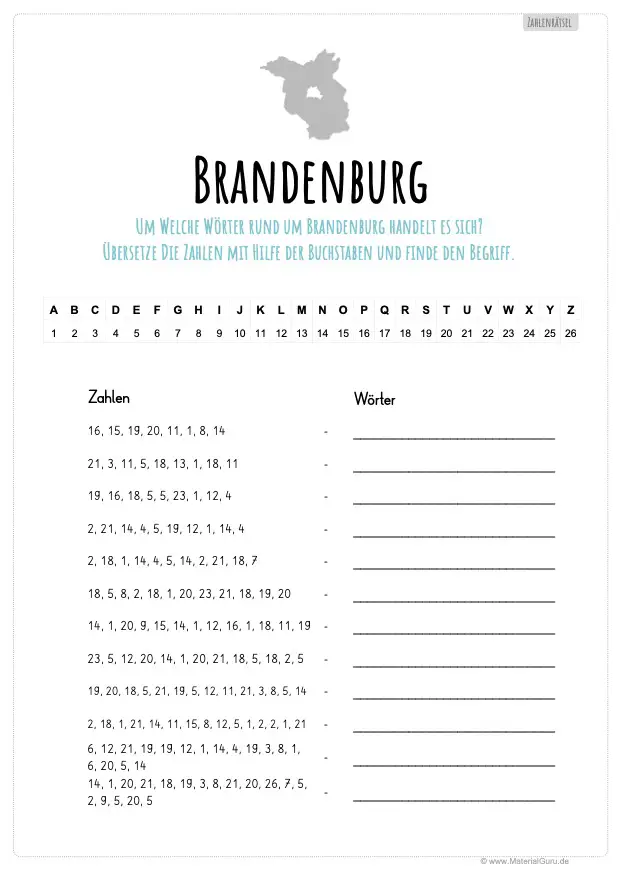 Arbeitsblatt: Zahlenrätsel Brandenburg