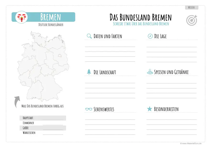 Arbeitsblatt: Informationen über Bremen aufschreiben