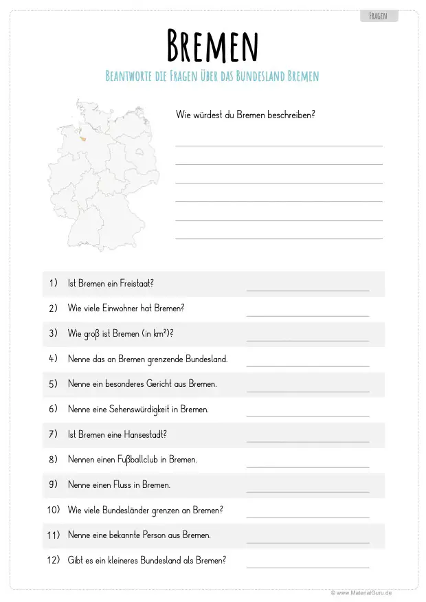 Arbeitsblatt: 12 Fragen über Bremen