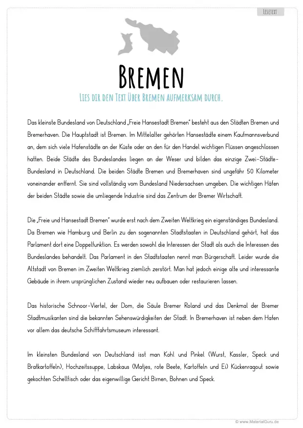 Arbeitsblatt: Lesetext über Bremen