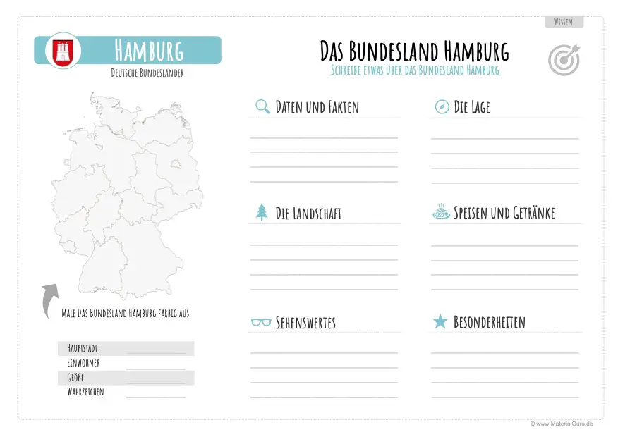 Arbeitsblatt: Informationen über Hamburg aufschreiben