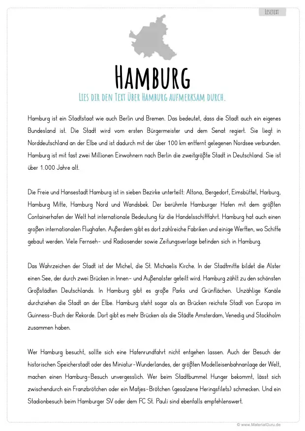 Arbeitsblatt: Lesetext über Hamburg