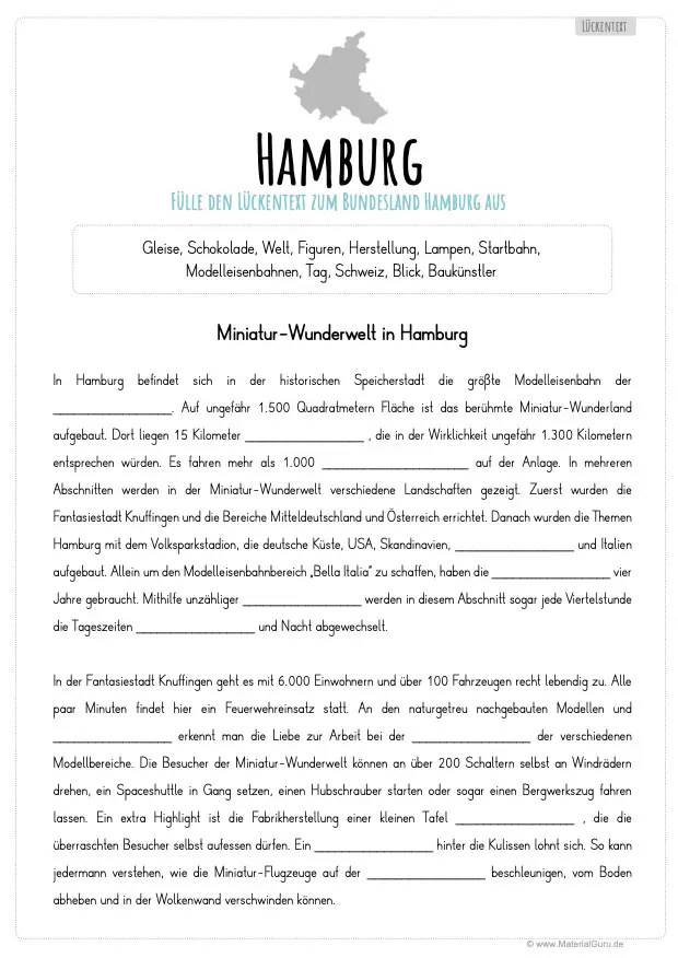 Arbeitsblatt: Lückentext zu Hamburg