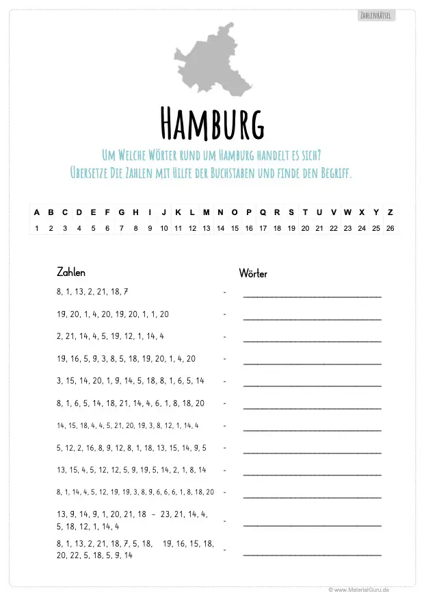 Arbeitsblatt: Zahlenrätsel zu Hamburg