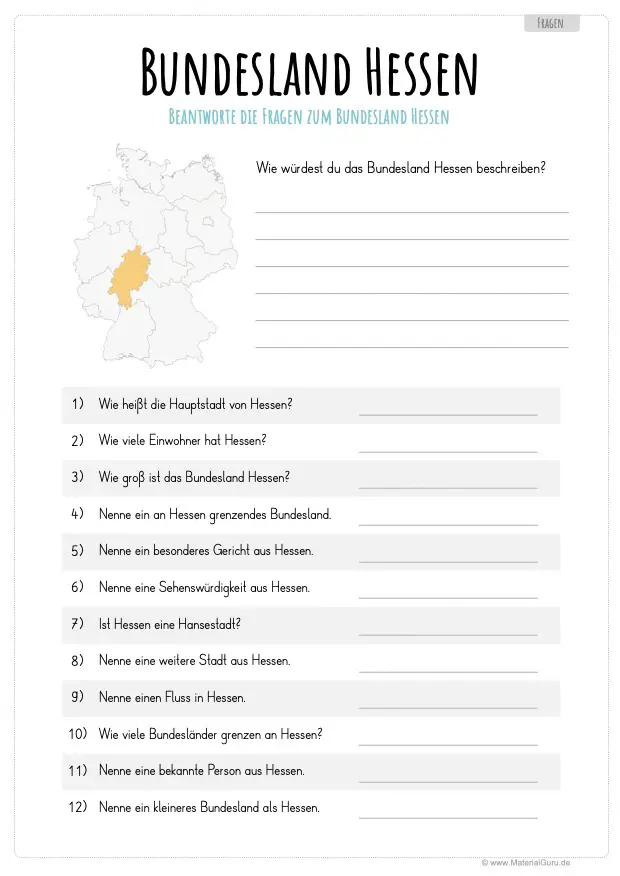 Arbeitsblatt: 12 Fragen zum Bundesland Hessen