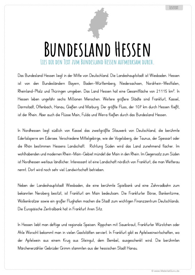 Arbeitsblatt: Lesetext über Hessen