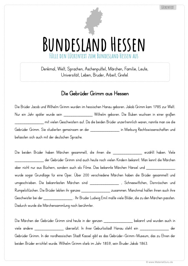 Arbeitsblatt: Lückentext Hessen
