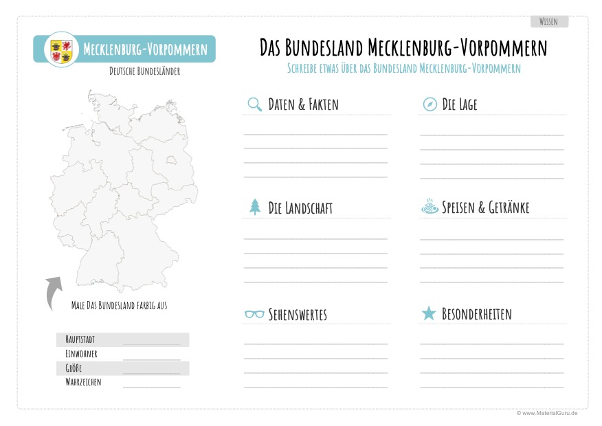 Arbeitsblatt: Informationen über Mecklenburg-Vorpommern aufschreiben