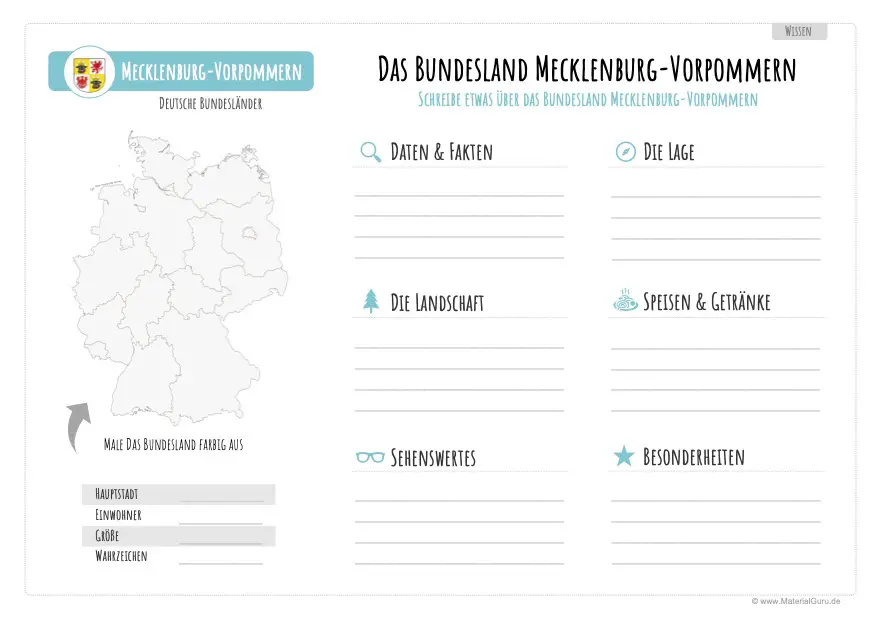 Arbeitsblatt: Informationen über Mecklenburg-Vorpommern aufschreiben