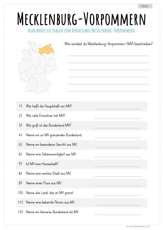 Arbeitsblatt: 12 Fragen über Mecklenburg-Vorpommern