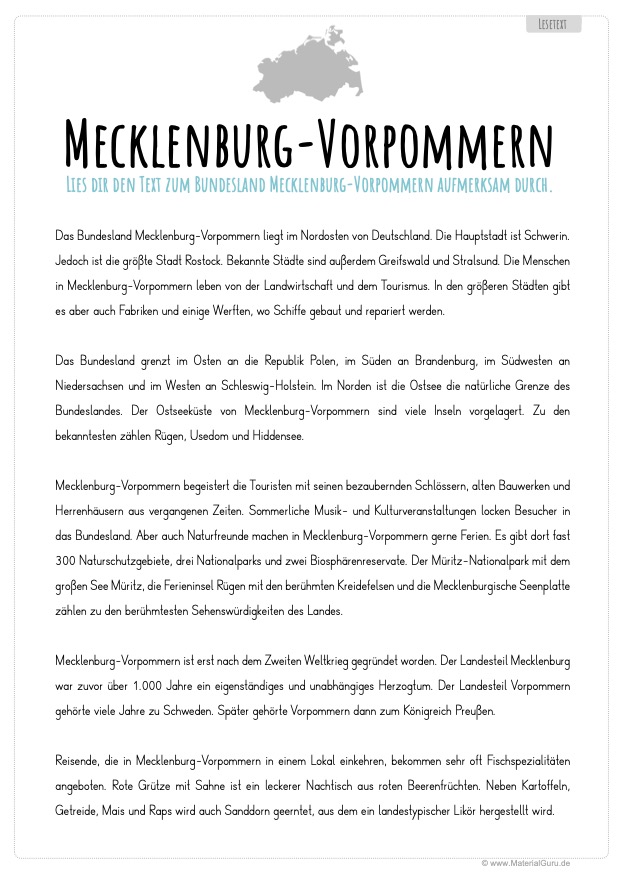 Arbeitsblatt: Lesetext Mecklenburg-Vorpommern