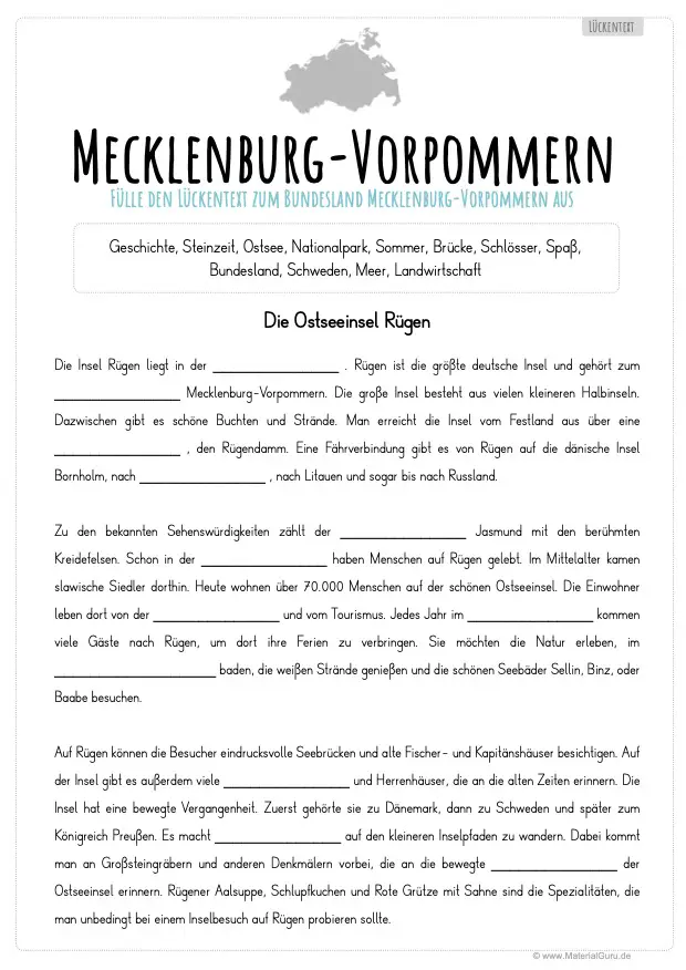 Arbeitsblatt: Lückentext Mecklenburg-Vorpommern
