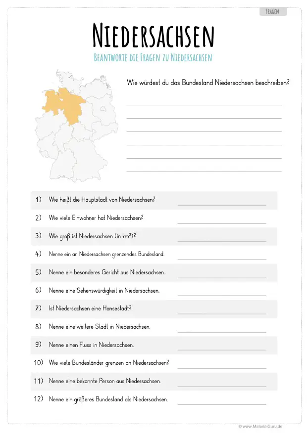 Arbeitsblatt: 12 Fragen über Niedersachsen