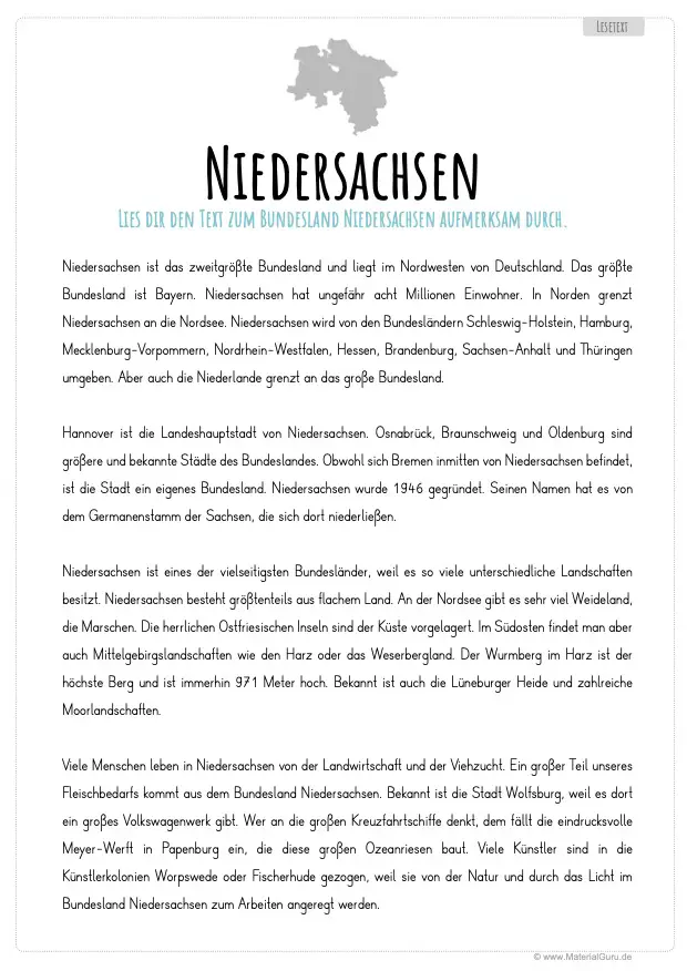 Arbeitsblatt: Lesetext Niedersachsen