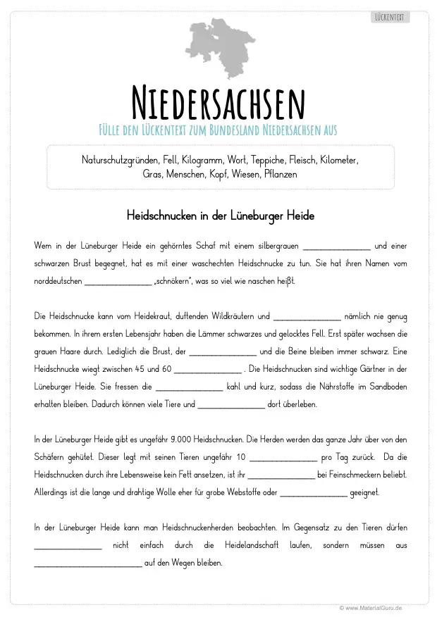 Arbeitsblatt: Lückentext Niedersachsen