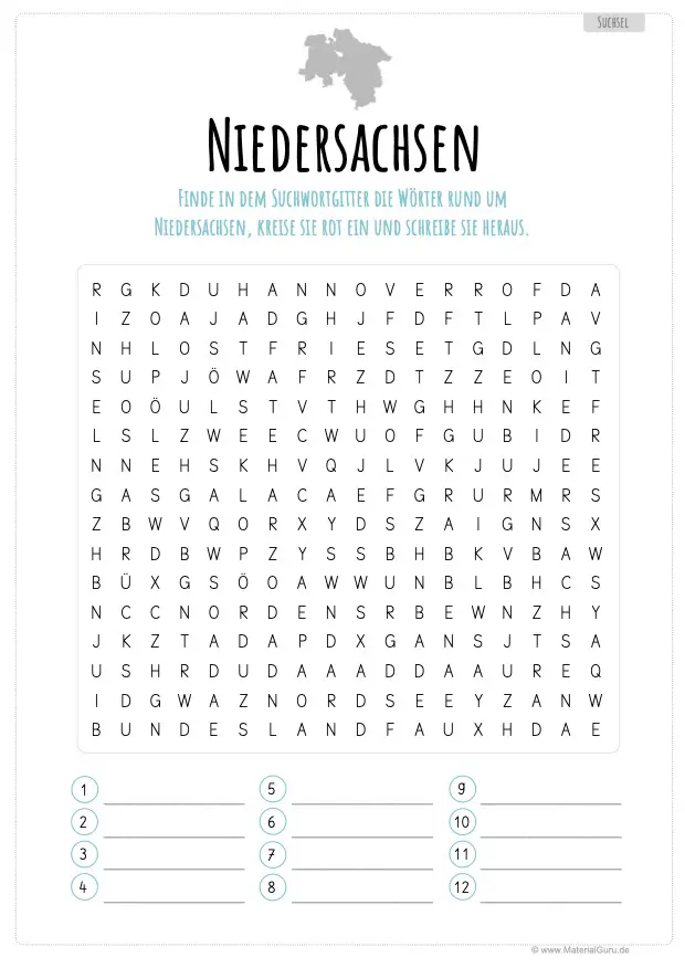 Arbeitsblatt: Suchsel Niedersachsen