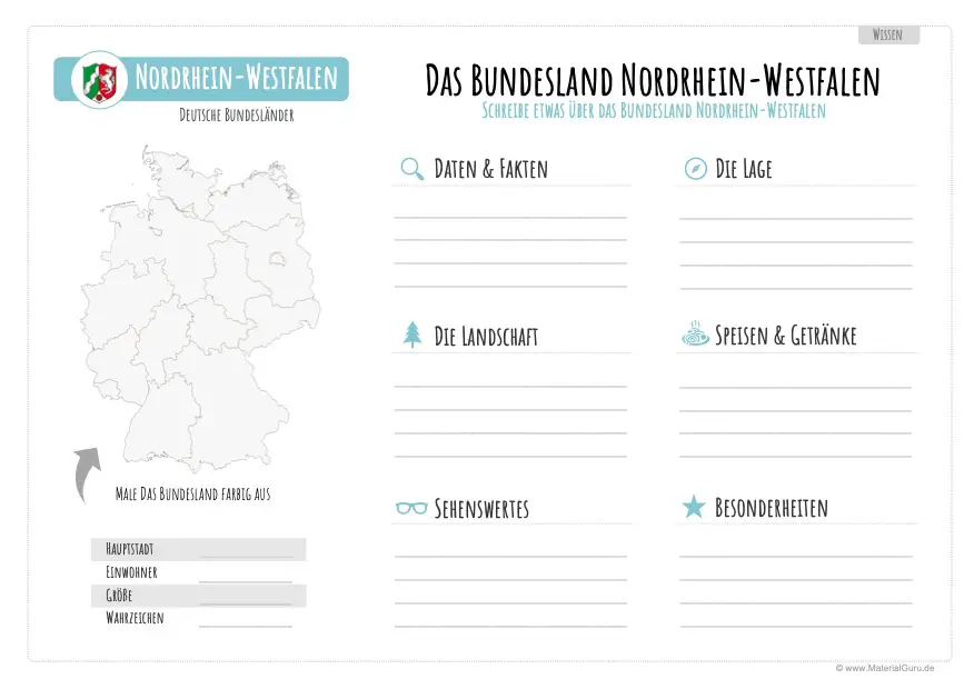 Arbeitsblatt: Informationen zu Nordrhein-Westfalen aufschreiben