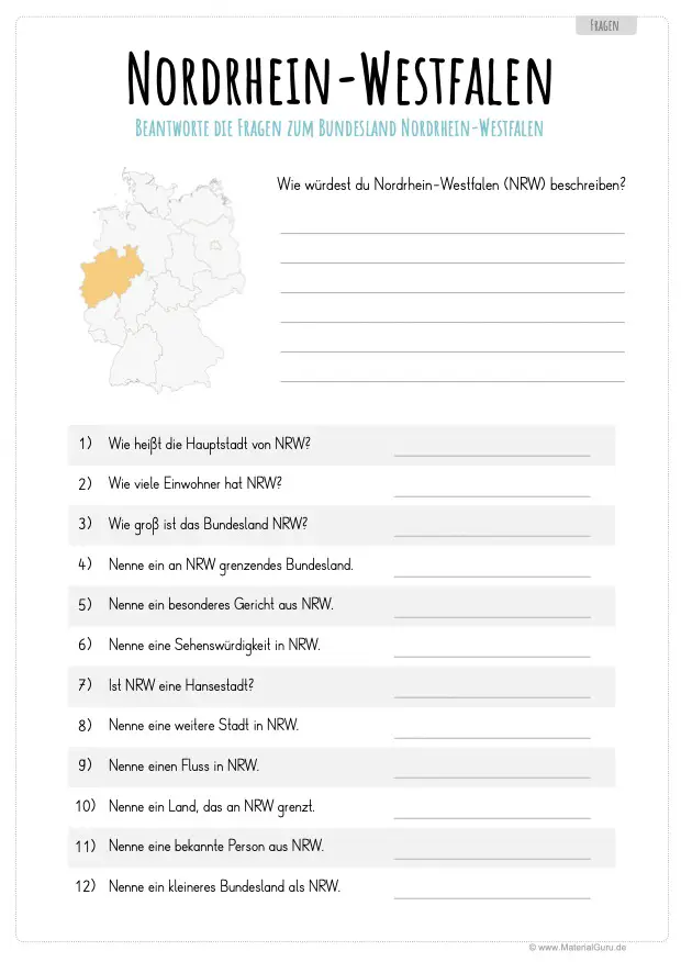 Arbeitsblatt: 12 Fragen zu Nordrhein-Westfalen