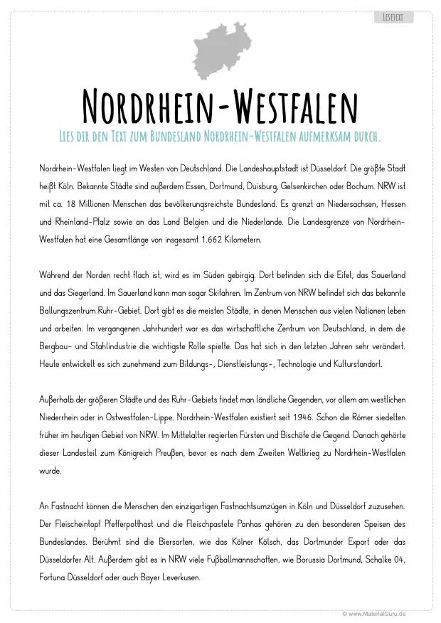 Arbeitsblatt: Lesetext zu Nordrhein-Westfalen