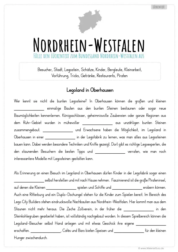 Arbeitsblatt: Lückentext Nordrhein-Westfalen