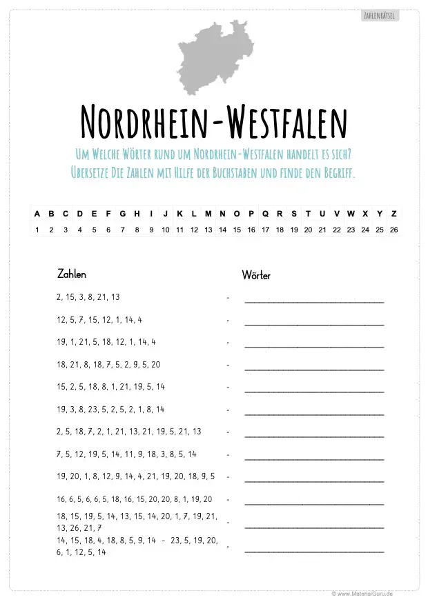 Arbeitsblatt: Zahlenrätsel Nordrhein-Westfalen