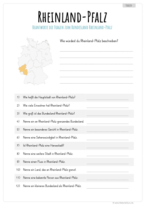 Arbeitsblatt: 12 Fragen über Rheinland-Pfalz beantworten