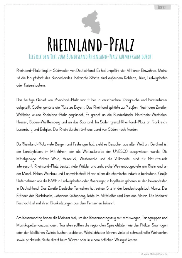 Arbeitsblatt: Lesetext zu Rheinland-Pfalz