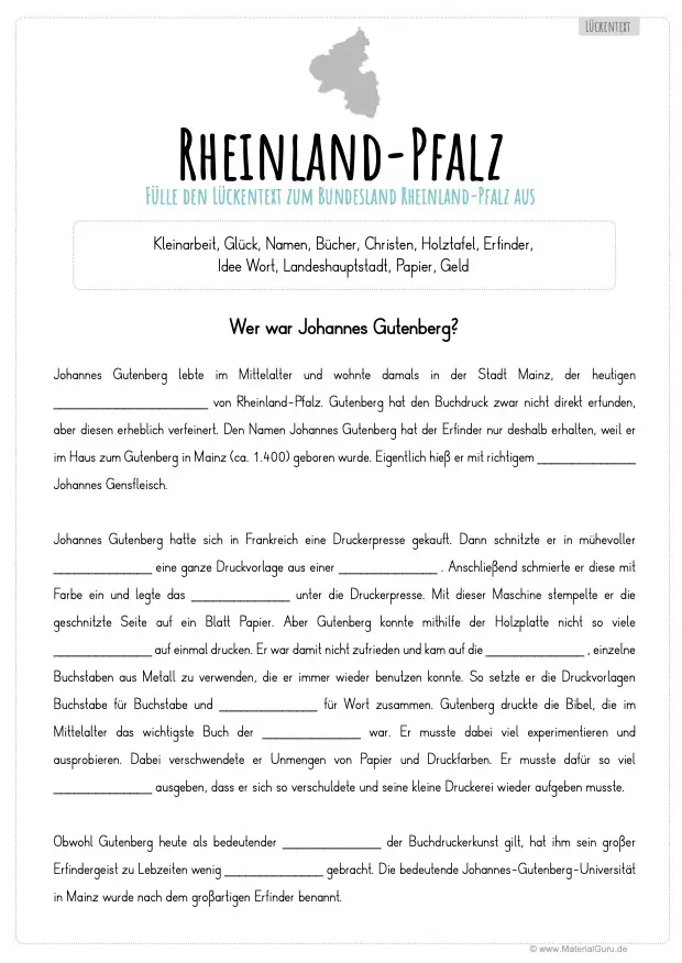 Arbeitsblatt: Lückentext Rheinland-Pfalz