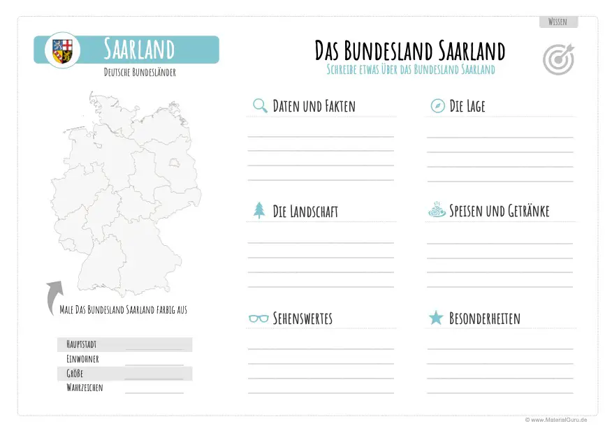 Arbeitsblatt: Eigenschaften zum Saarland ausfüllen