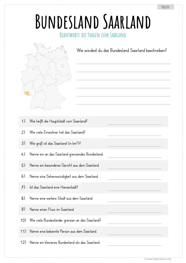 Arbeitsblatt: 12 Fragen über das Saarland