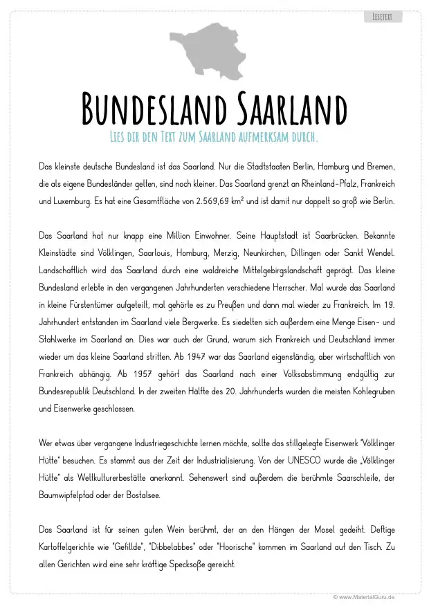 Arbeitsblatt: Lesetext zum Saarland