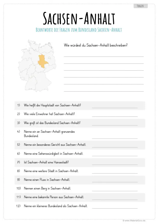 Arbeitsblatt: 12 Fragen über Sachsen-Anhalt