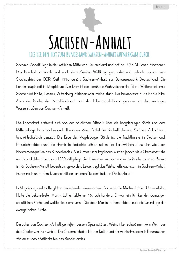 Arbeitsblatt: Lesetext Sachsen-Anhalt