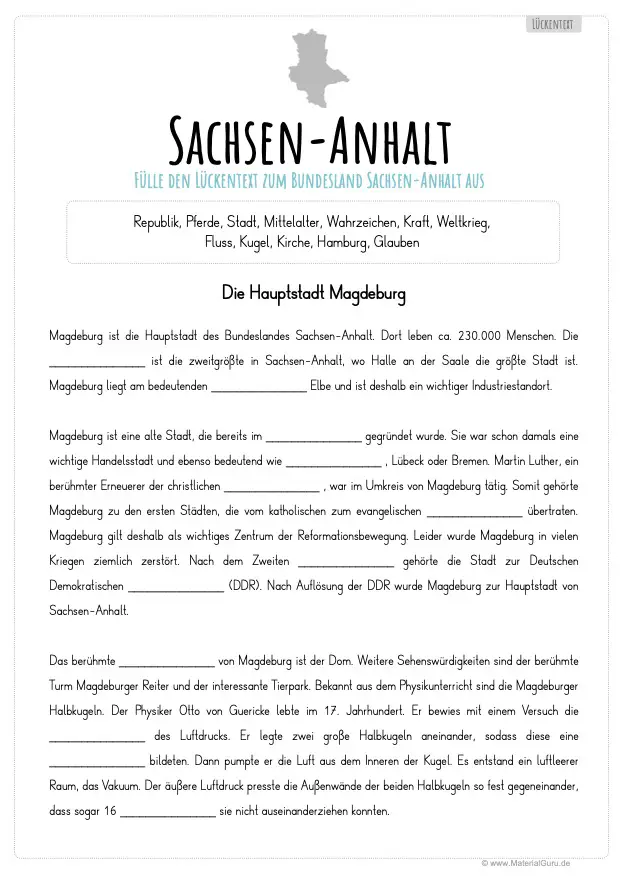 Arbeitsblatt: Lückentext Sachsen-Anhalt