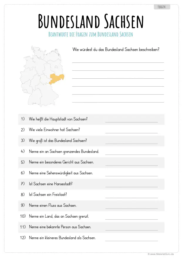 Arbeitsblatt: 12 Fragen zum Bundesland Sachsen