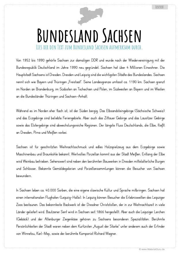 Arbeitsblatt: Lesetext zum Bundesland Sachsen