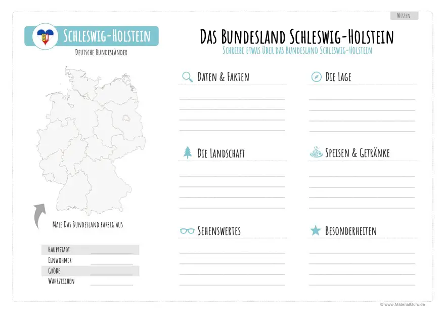 Arbeitsblatt: Informationen über Schleswig-Holstein eintragen