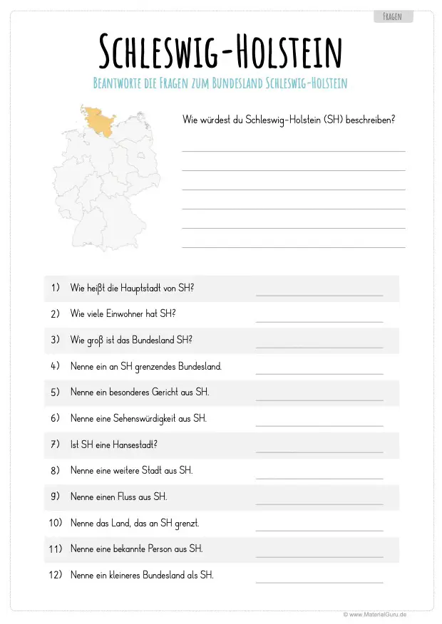 Arbeitsblatt: 12 Fragen über Schleswig-Holstein