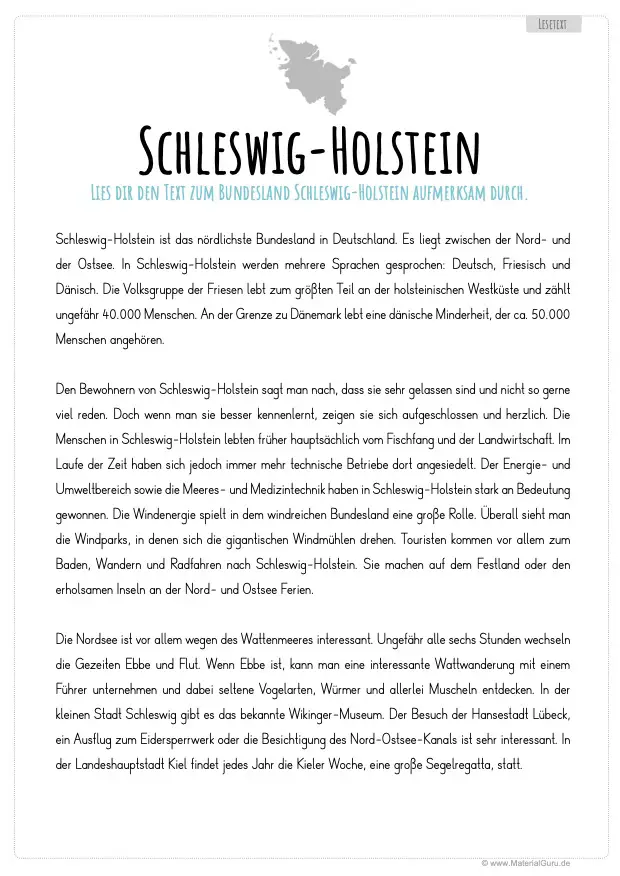 Arbeitsblatt: Lesetext über Schleswig-Holstein
